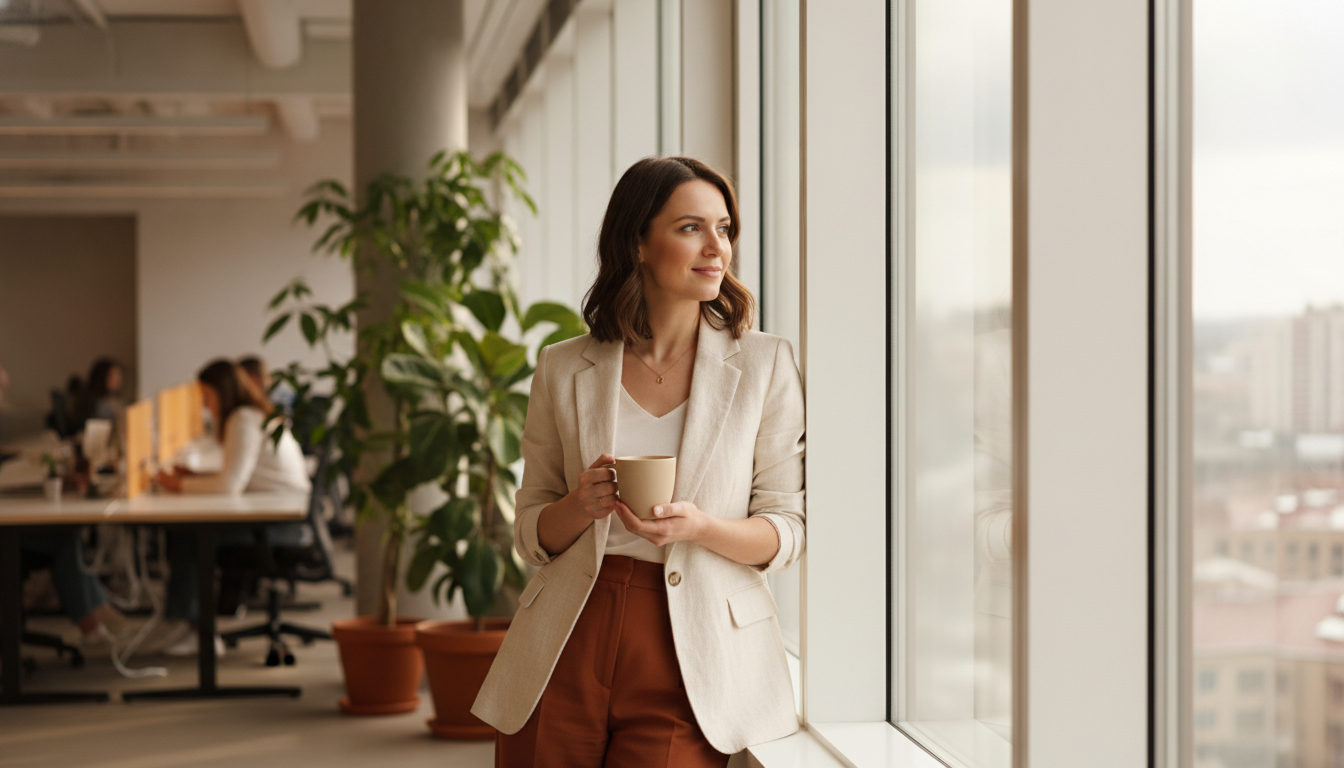 Selbstbewusste Frau im hellen Co-Working-Space sinniert über Nebenjob-Optionen